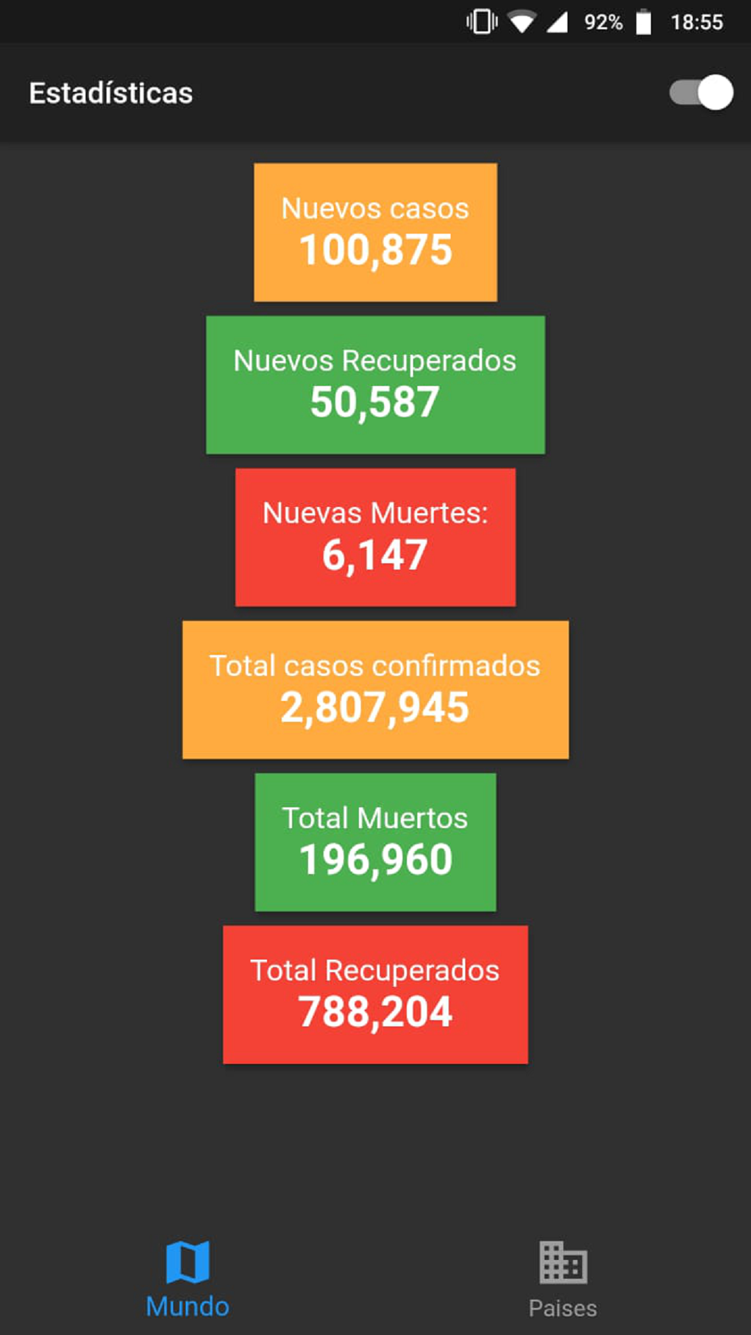 Coronavirus estadisticas screenshot