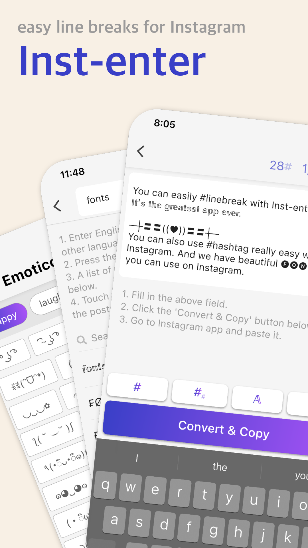 Inst-enter : new line/fonts/emoticons screenshot