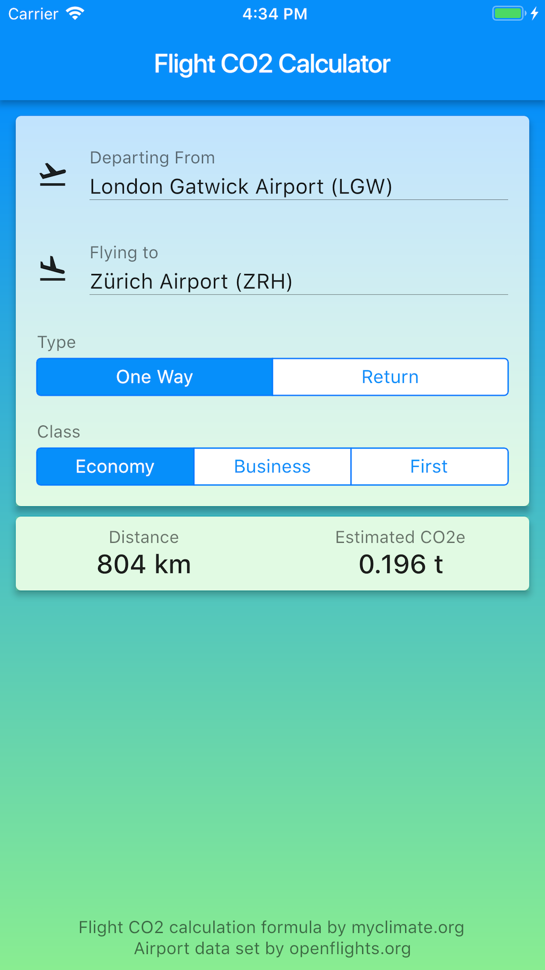 Flight CO2 Calculator screenshot