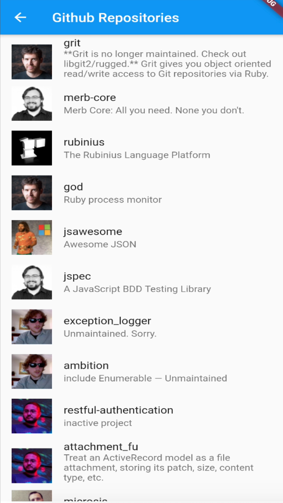 Github repositories screenshot