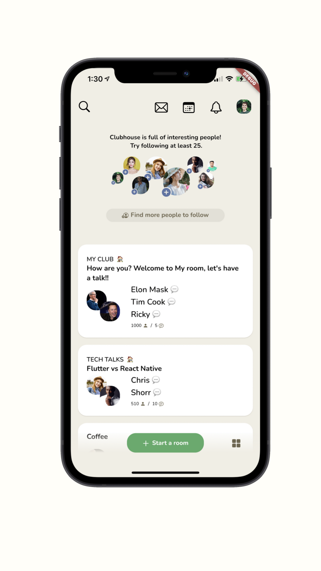 Clubhouse Clone UI screenshot