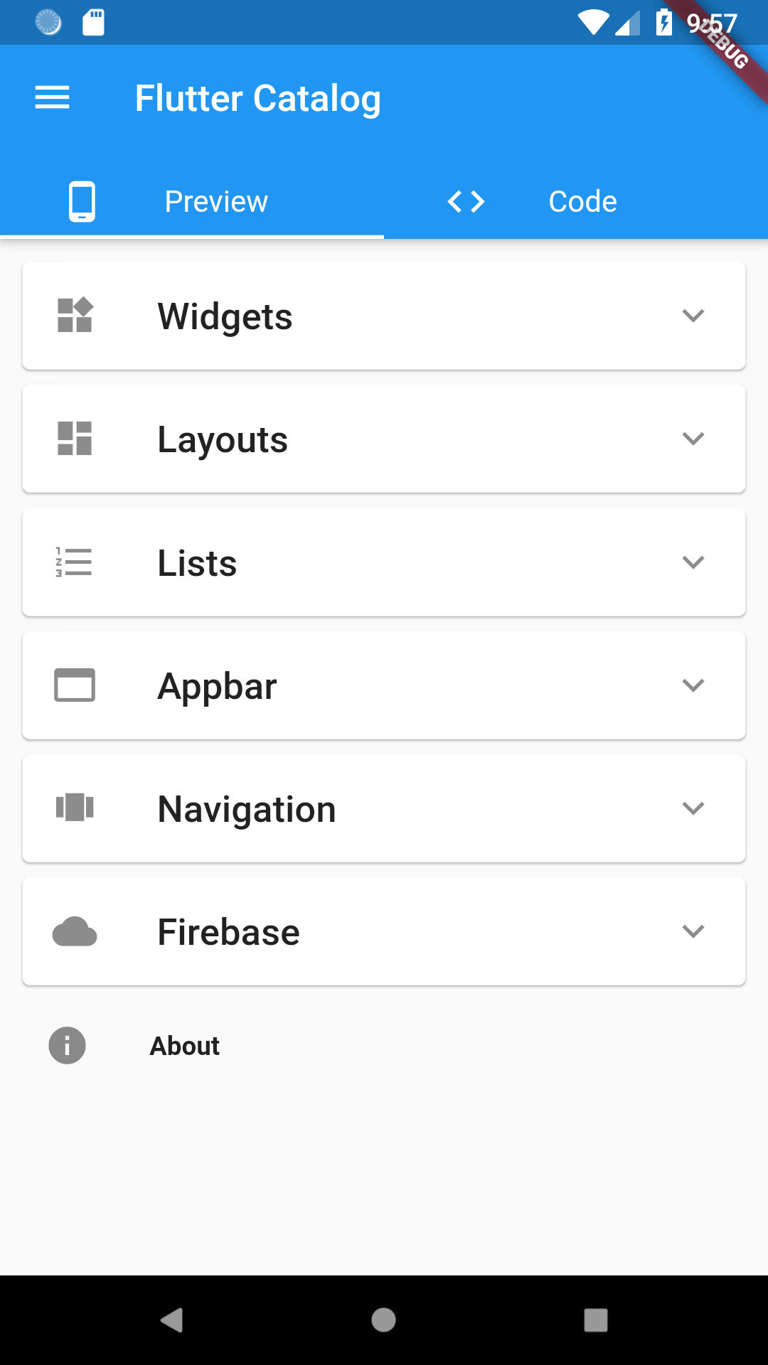 Flutter Catalog with source code side-by-side screenshot