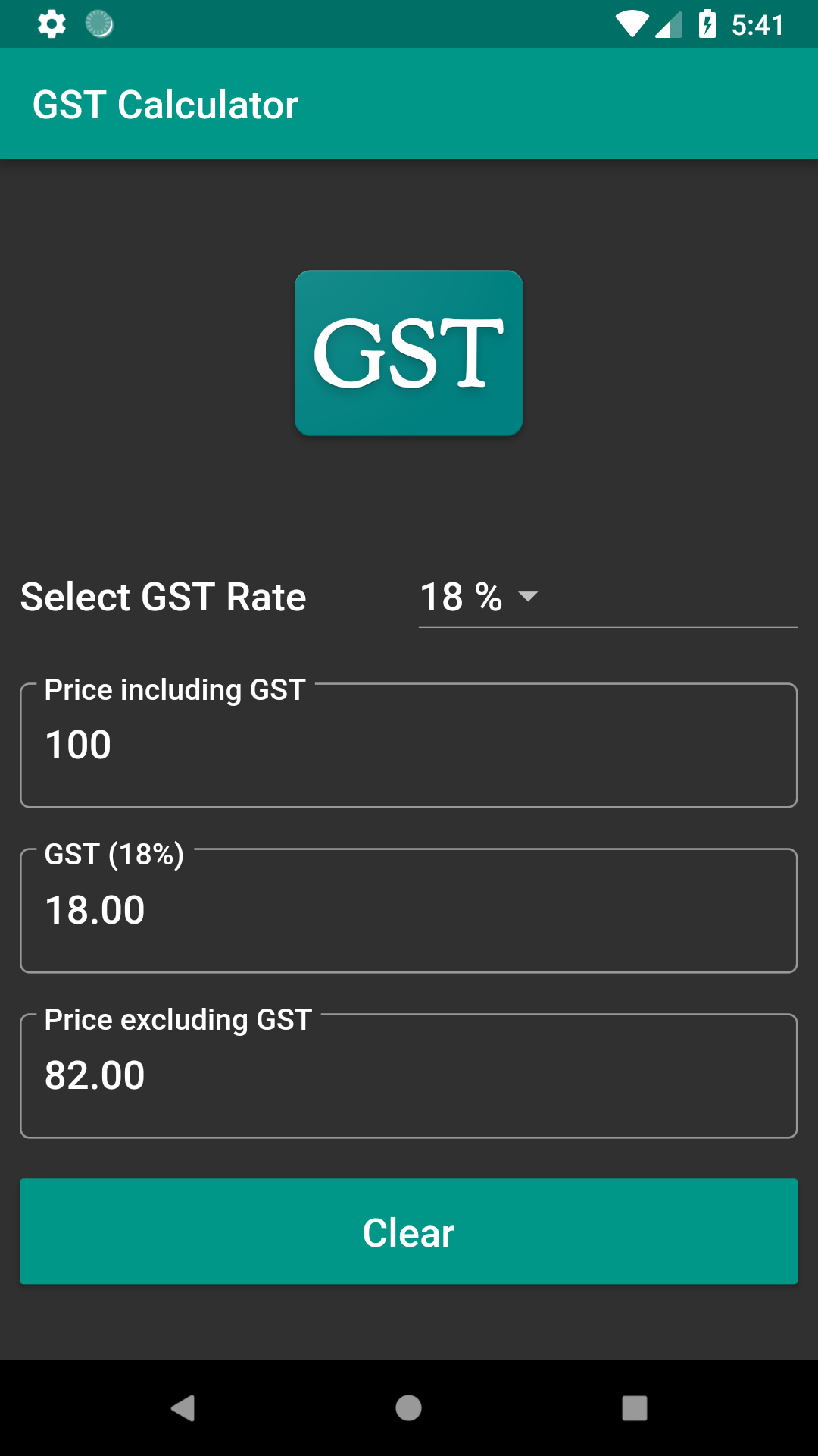 GST calculator screenshot