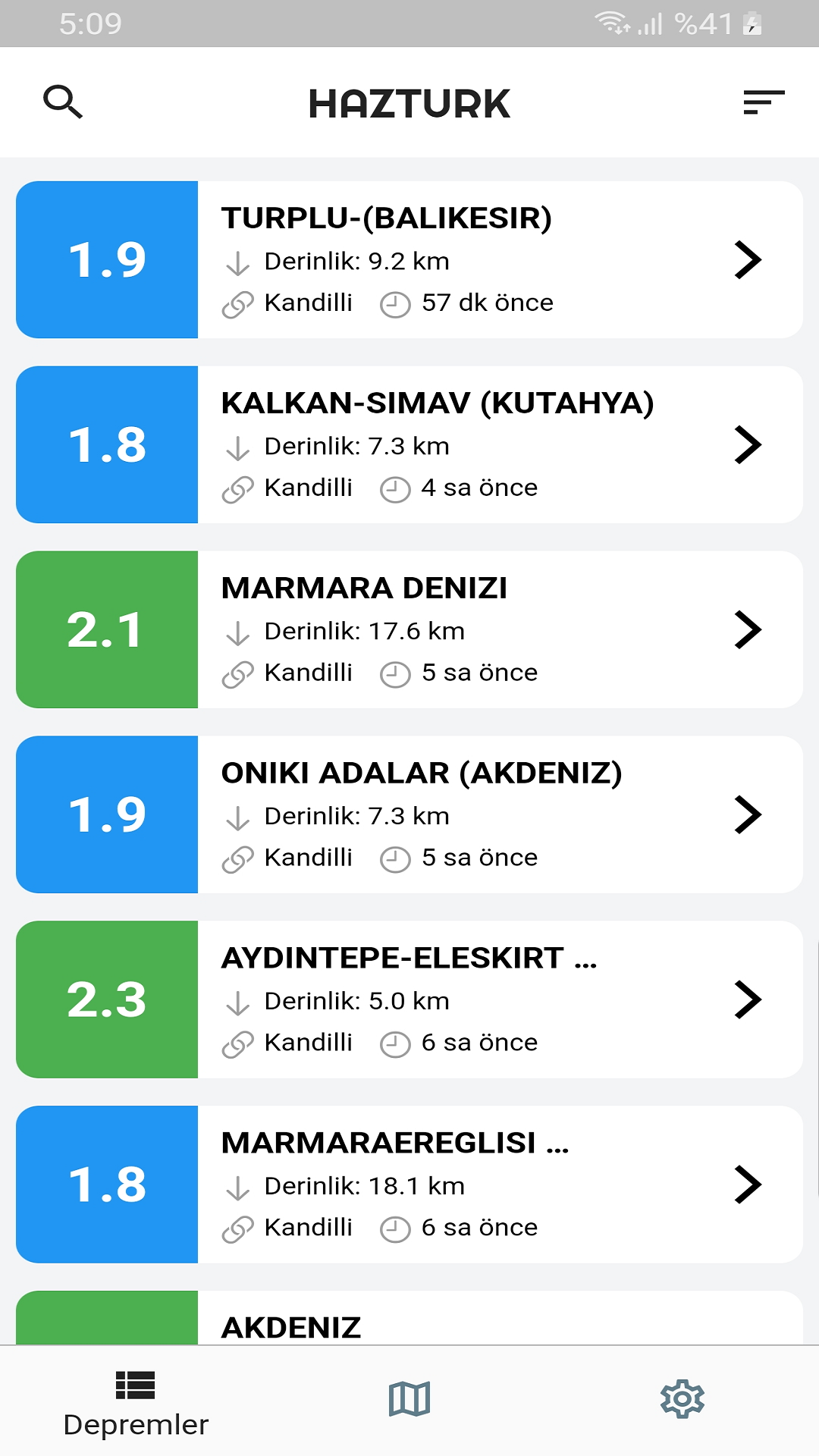 HAZTURK Earthquake Information Mobile App screenshot
