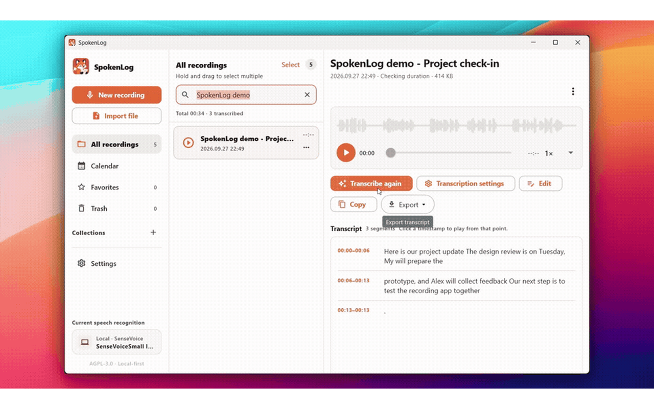 SpokenLog on desktop