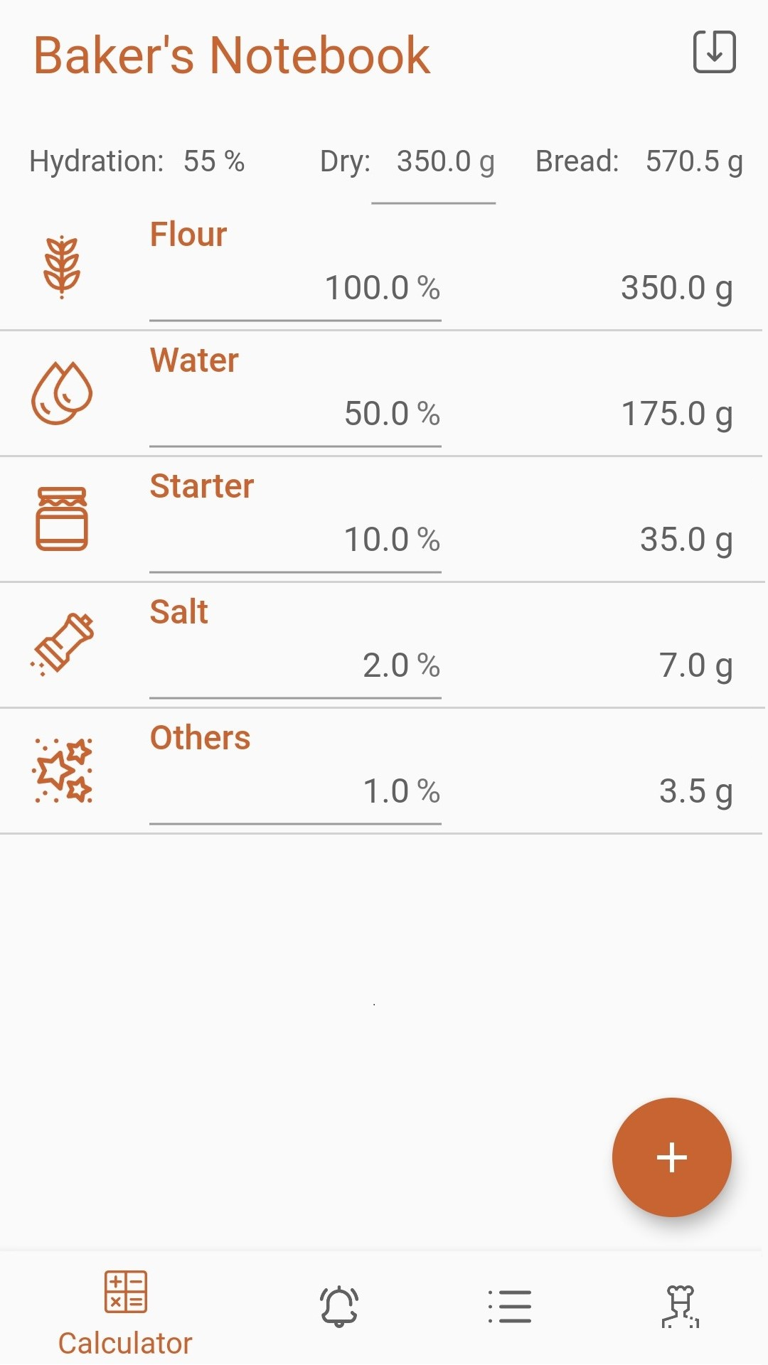 Bakers' Notebook - Baker's percentage calculator screenshot